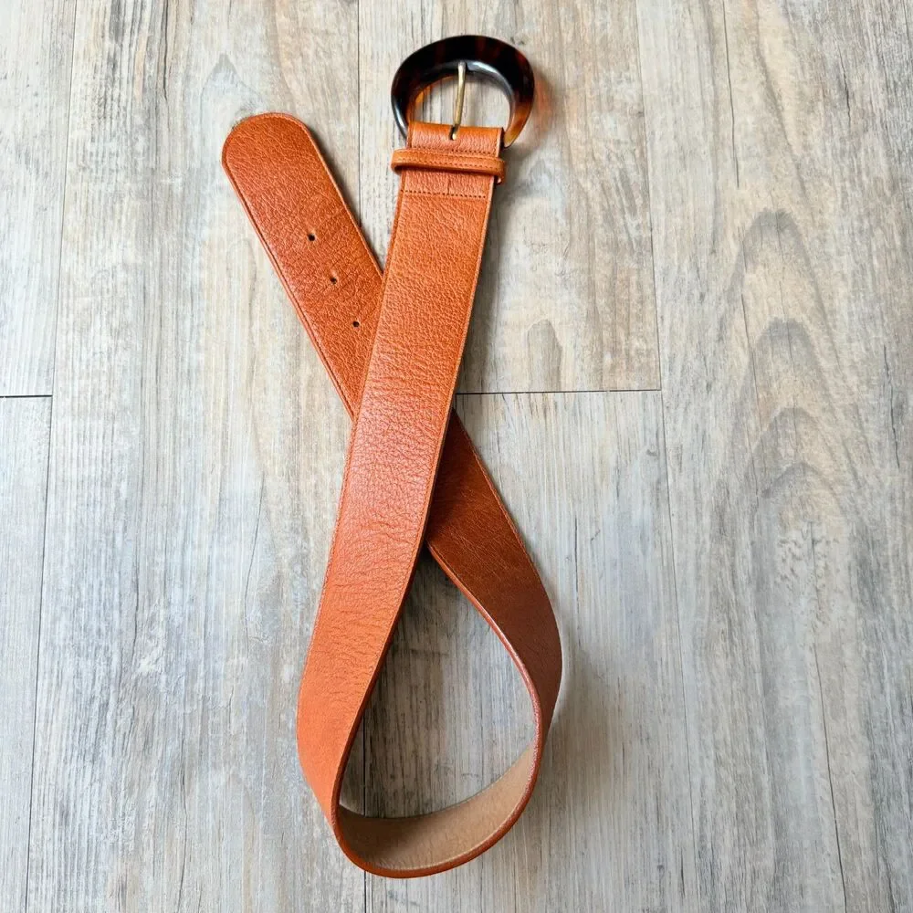 Vintage Genuine Leather Belt USA Made Brown Tortoise Buckle Size 27 Lands End